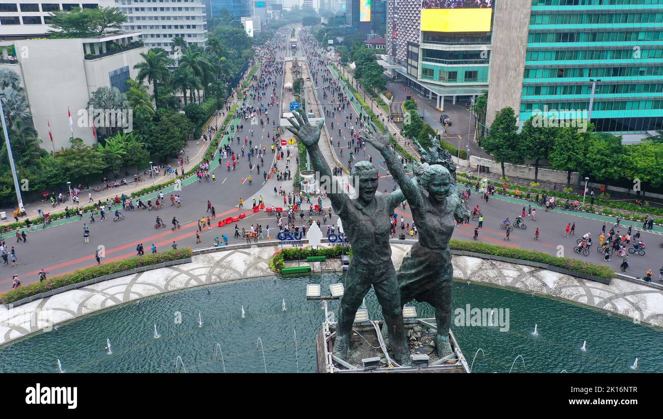 Welcome Monument. Monumen Selamat Datang im Hotel Indonesia Roundabout Bundaran HI Stockfoto