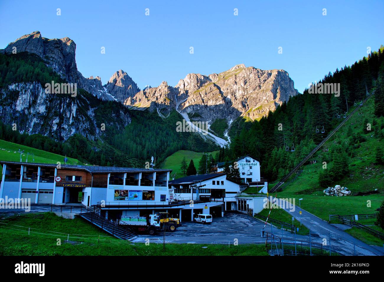 Schönen Blick auf die Alpen vom Hotel Olympia, Mieders, Österreich Stockfoto