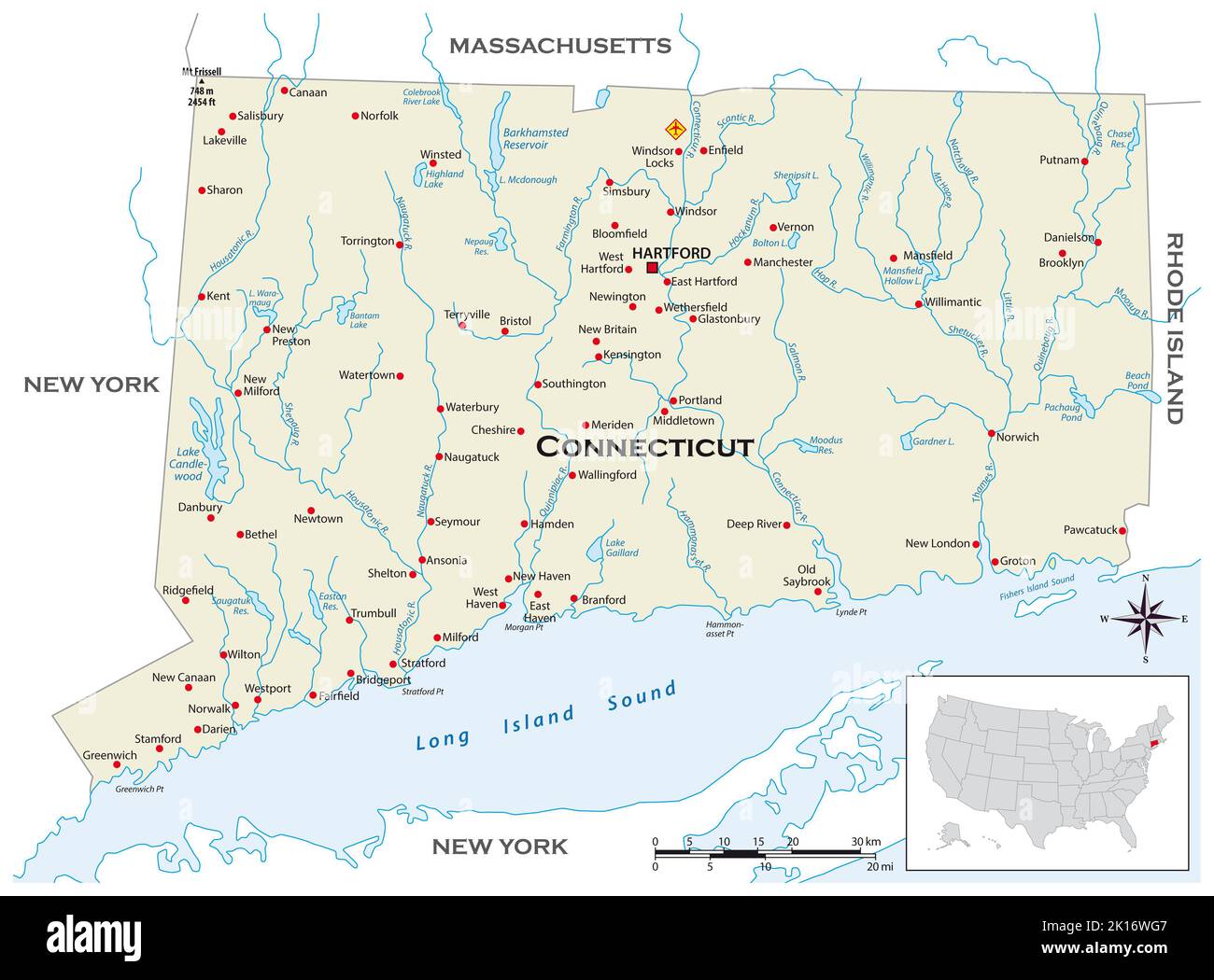 Sehr detaillierte physische Karte des US-Bundesstaates Connecticut Stockfoto