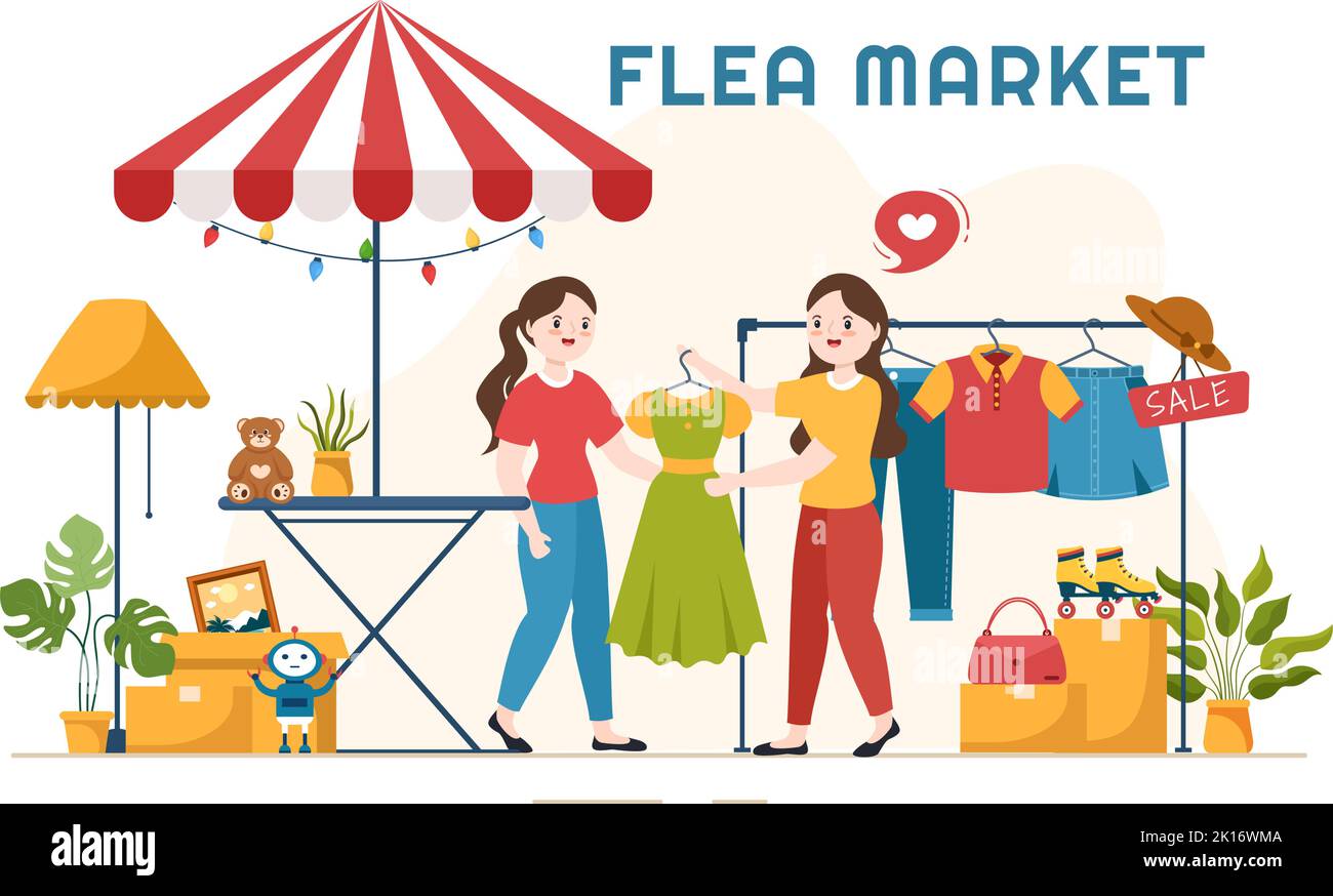 Flohmarkt-Vorlage Handgezeichnete Cartoon flache Illustration Second Hand Shop mit Käufern, Swap Meet, Verkäufern und Kunden am Wochenende Stock Vektor