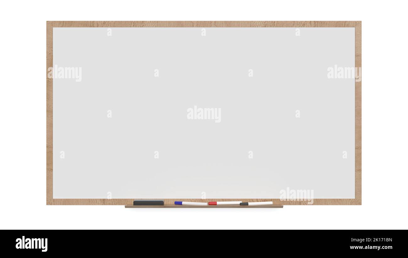 Whiteboard auf weißem Hintergrund isoliert. Holzrahmen. Markierungen und Radierer. 3D Abbildung. Stockfoto