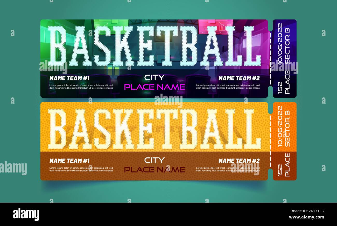 Tickets für Basketball, Sportspiele Turnier. Vektor-Vorlagen von Papier-Coupons für Sport-Wettbewerb oder Meisterschaft mit Cartoon-Illustration von Gummiball Oberfläche und Basketballplatz Stock Vektor