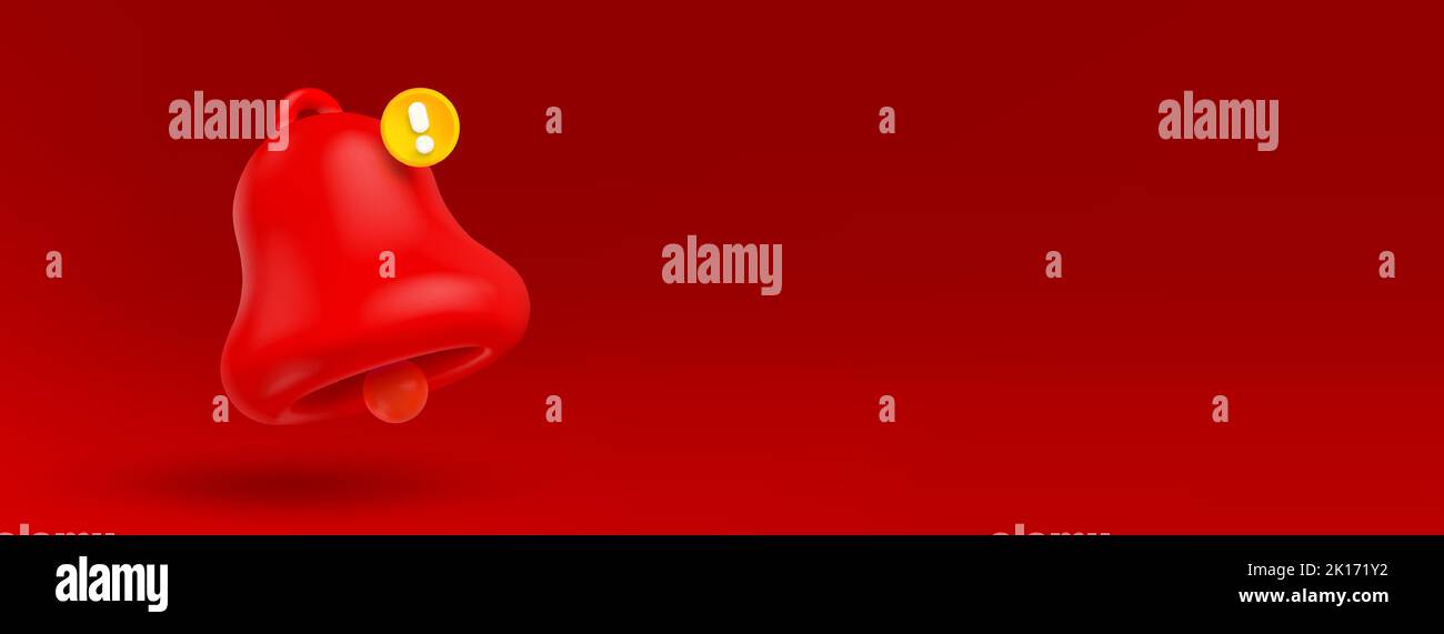 Alarm, Warnung, Notfallbenachrichtigung 3D Render. Vektorglocke mit Ausrufezeichen auf rotem Hintergrund. Hinweis auf Hacker-Angriff, Spam, Programmfehler in der Anwendungsdarstellung in Cartoon-Kunststoff-Stil Stock Vektor