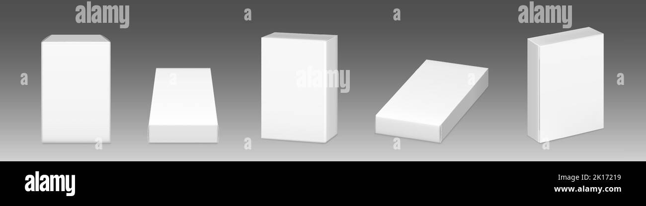 Pappkartons, Mockup, weiße Fracht- und Paketpakete. Kartonbehälter. Geschlossene Verpackung für Waren, isolierte Verteilung Rohlinge für Pillen, Lebensmittel, Fracht Versand realistische 3D Vektor-Set Stock Vektor
