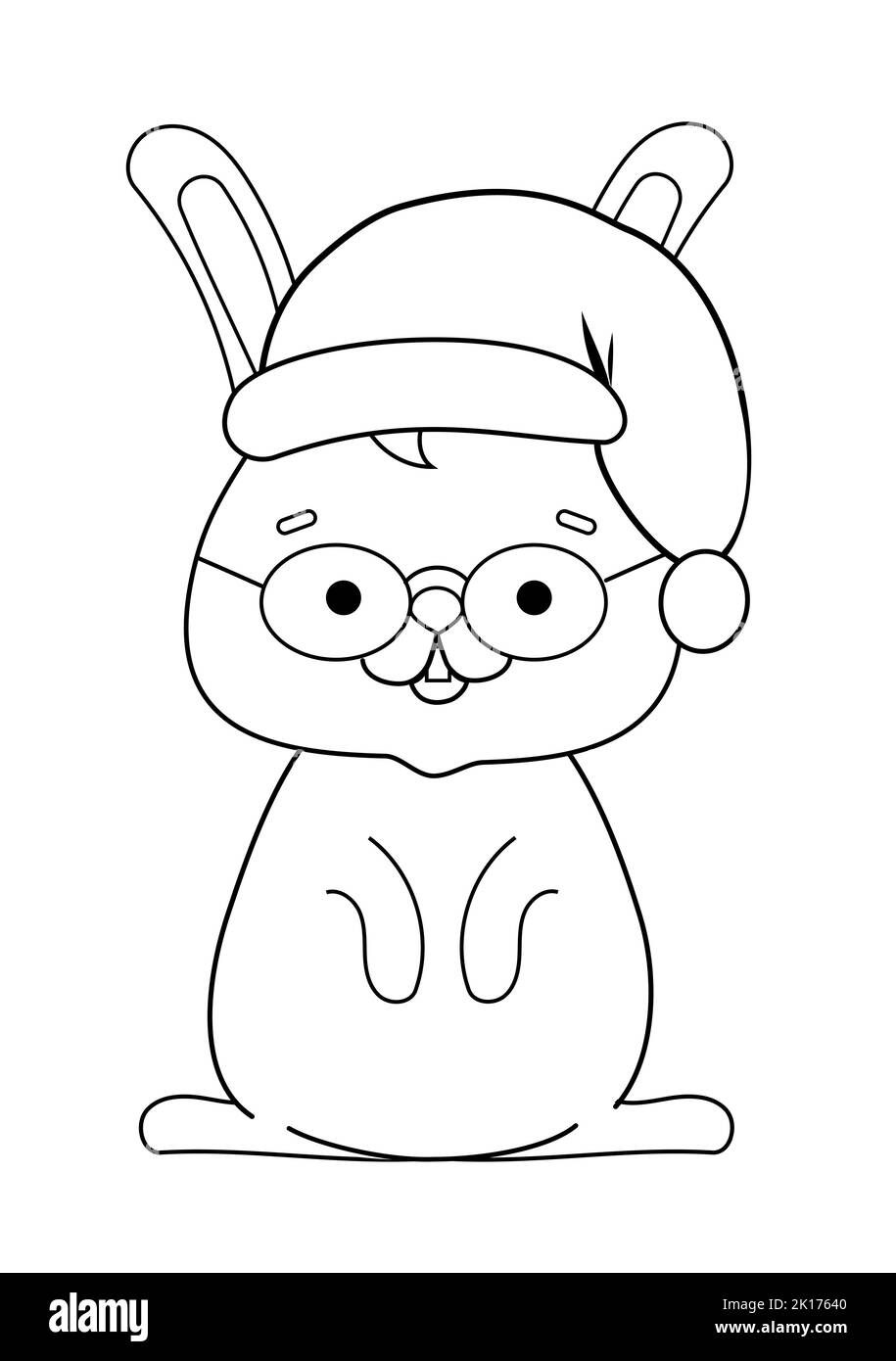 Malbuch mit einem niedlichen Kaninchen in Gläsern und einem Weihnachtshut Stock Vektor