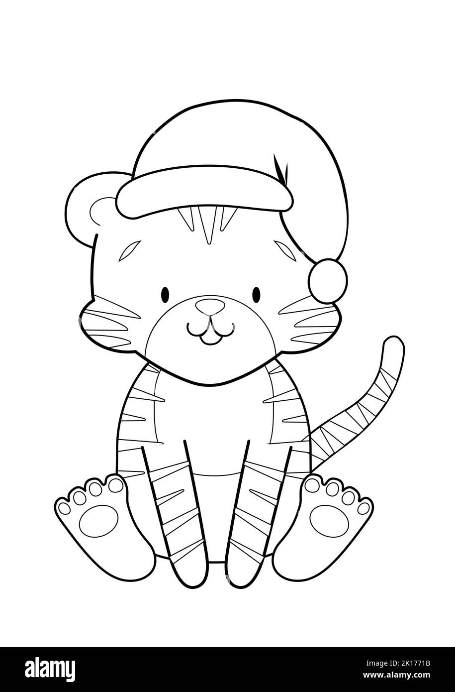 Malbuch mit einem niedlichen Tiger in einem weihnachtshut Stock Vektor