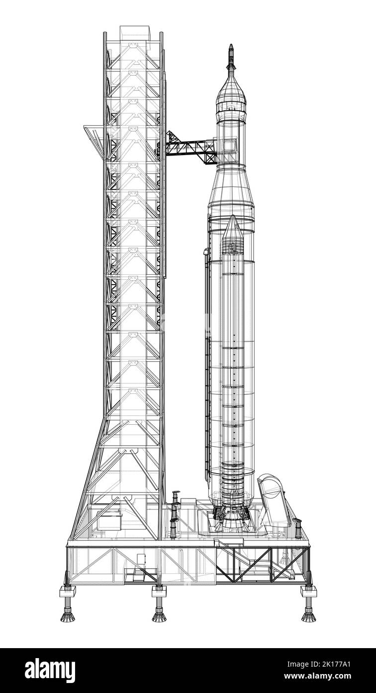 Space Rocket auf der Startrampe. Vektorrendering von 3D Stock Vektor