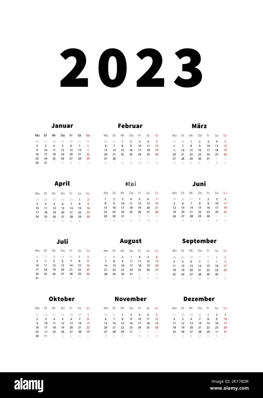 2023 Jahre einfacher vertikaler Kalender in deutscher Sprache, typografischer Kalender auf weiß Stock Vektor