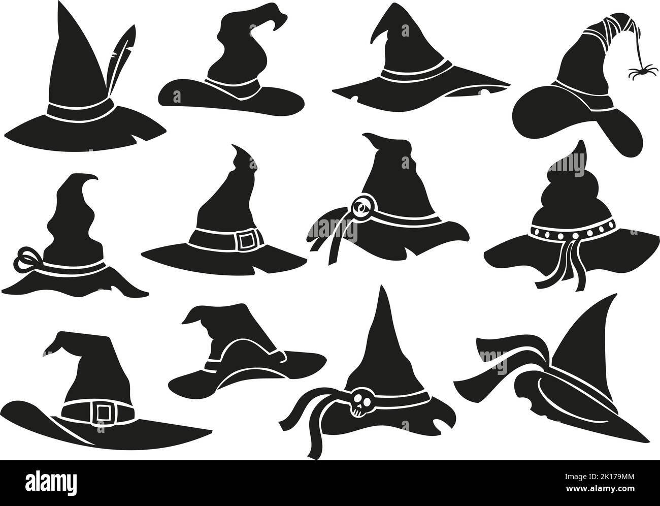 Hexenhut-Schablonen-Symbole. Halloween Zauberin Mütze, Zauberer Hut Silhouette und gruselige gruselige Maskerade Hüte Vektor-Set Stock Vektor