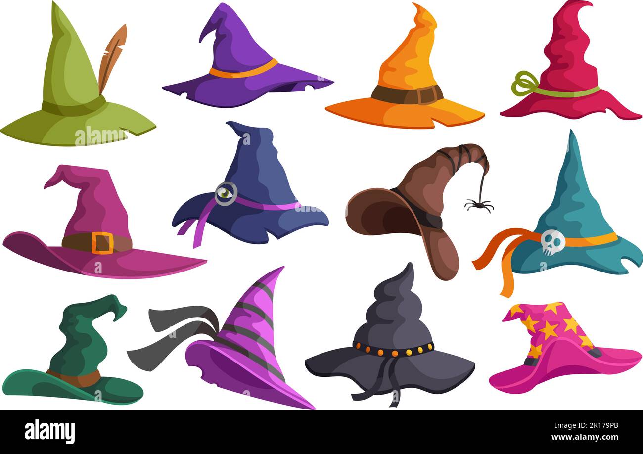 Halloween-Hüte. Hexen Kostüm Mütze, Herbst Urlaub Zauberin oder Zauberer Zauberer Hut Cartoon Vektor Illustration Set Stock Vektor