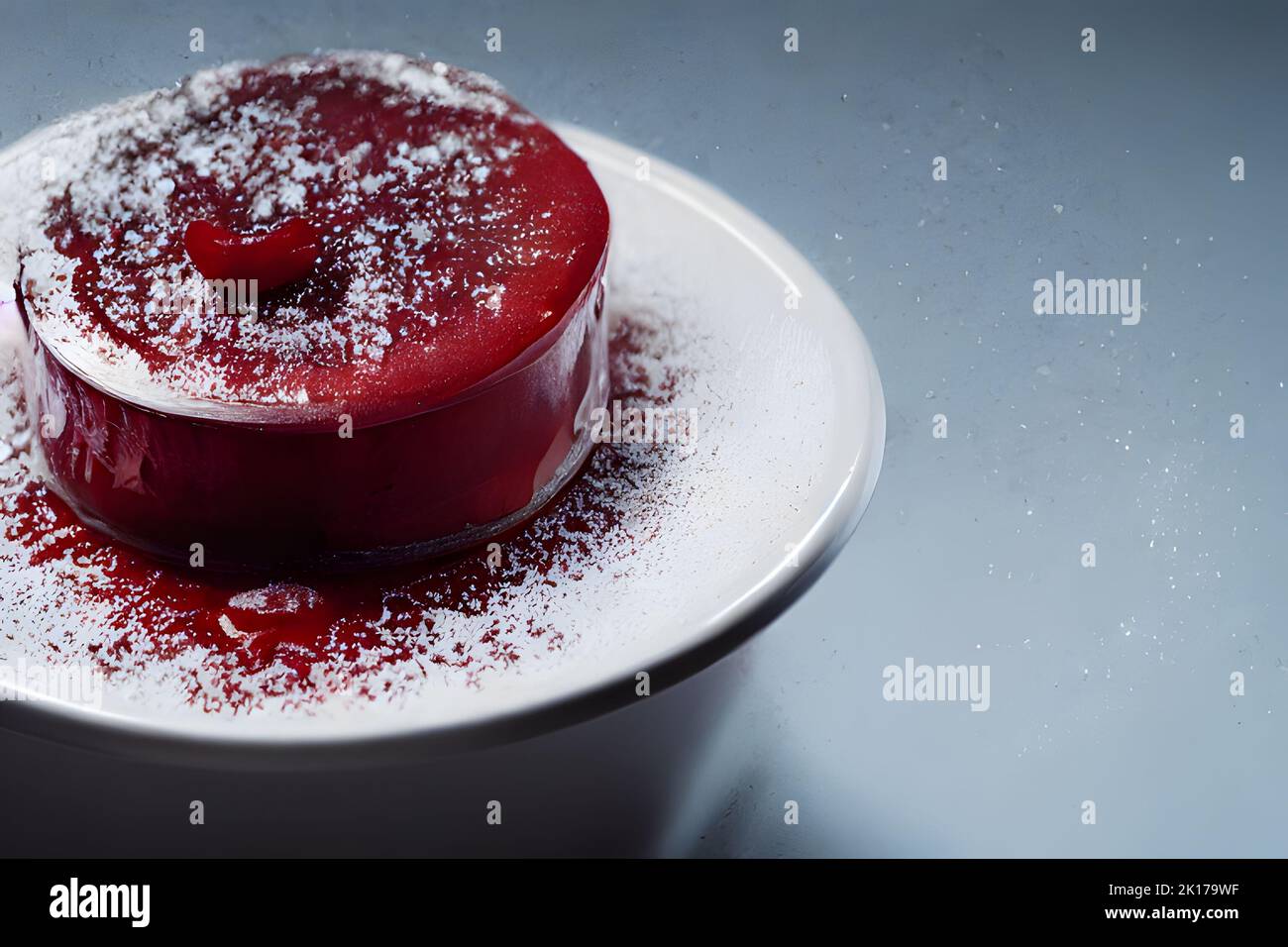 Ein runder Mousse-Kuchen mit Spiegelglasur auf dem Teller Stockfoto