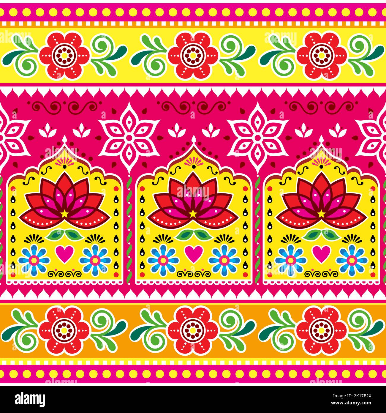 Indische und pakistanische LKW-Kunst inspiriert Vektor nahtlose Muster mit Lotusblumen, Retro floral Diwali bunte Volkskunst Muster Stock Vektor