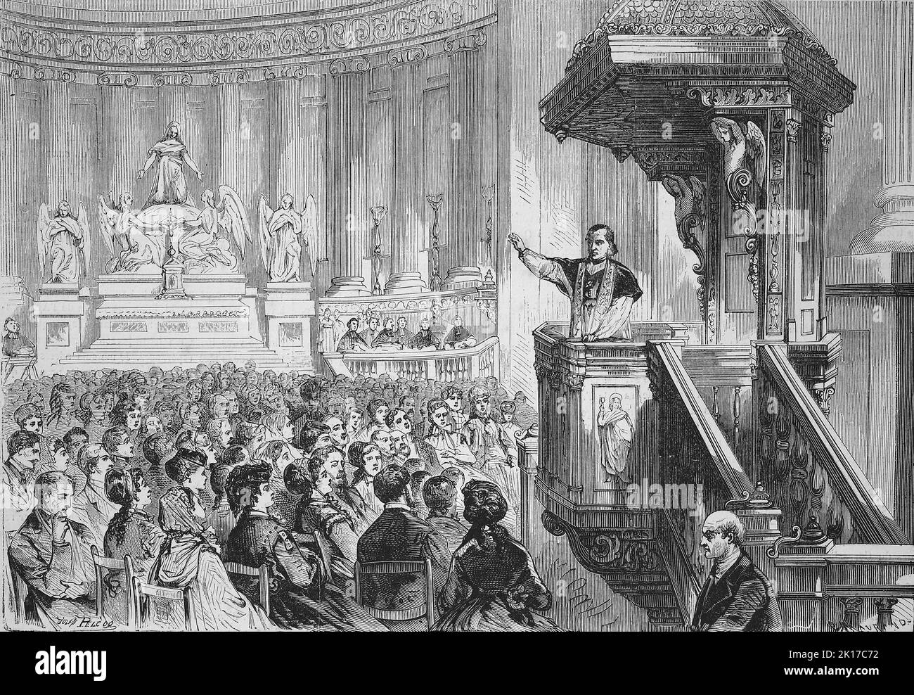 Monsigniore Bauer predigt 1869 von der Kanzel in der Magdalenenkirche, La Madeleine, Sainte-Marie-Madeleine, St. Maria Magdalena, Paris, Frankreich / Msgr. Bauer predigt von der Kanzel in der Kirche St. Maria Magdalena, La Madeleine, Sainte-Marie-Madeleine, St. Maria Magdalena, Paris, Frankreich 1869, Historisch, digital restaurierte Produktion einer Originalvorlage aus dem 19. Jahrhundert, genaues Originaldatum nicht bekannt / historische, digital verbesserte Reproduktion eines Originals aus dem 19.. Jahrhundert, Stockfoto