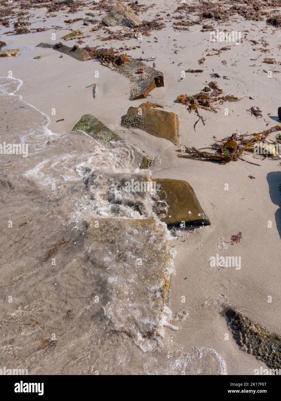 Vertikaler Blick auf Stein- und Sandstrand voller Algen. Stockfoto