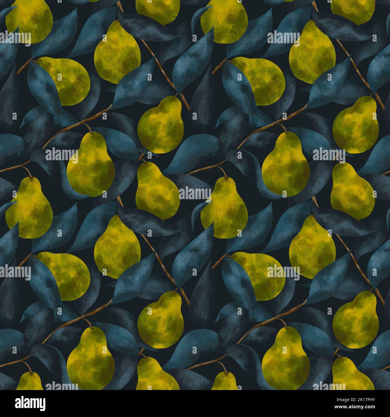 Grüne Birnen mit dunkelblauen Blättern. Nahtloses Muster auf dunklem Hintergrund. Obst-Illustration für Stoffe, Bezüge, Banner. Stockfoto