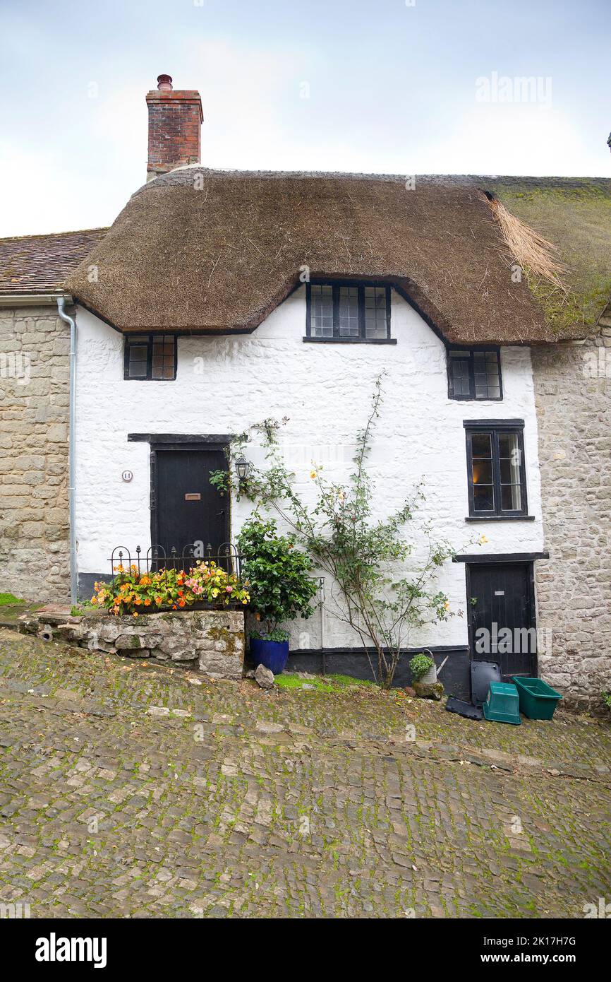 Gold Hill, Shaftsbury, Großbritannien. Berühmter sehr steiler Hügel, der durch eine Hovis-Werbung berühmt wurde Stockfoto