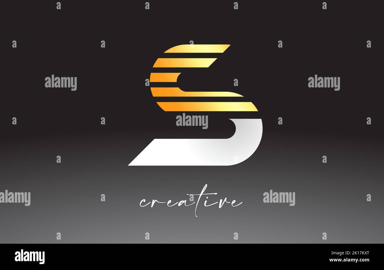Golden Lines Letter S Logo Design mit kreativen Linien auf der Hälfte des Briefes in Schwarz-Weiß-Farben Vektor geschnitten. Stock Vektor