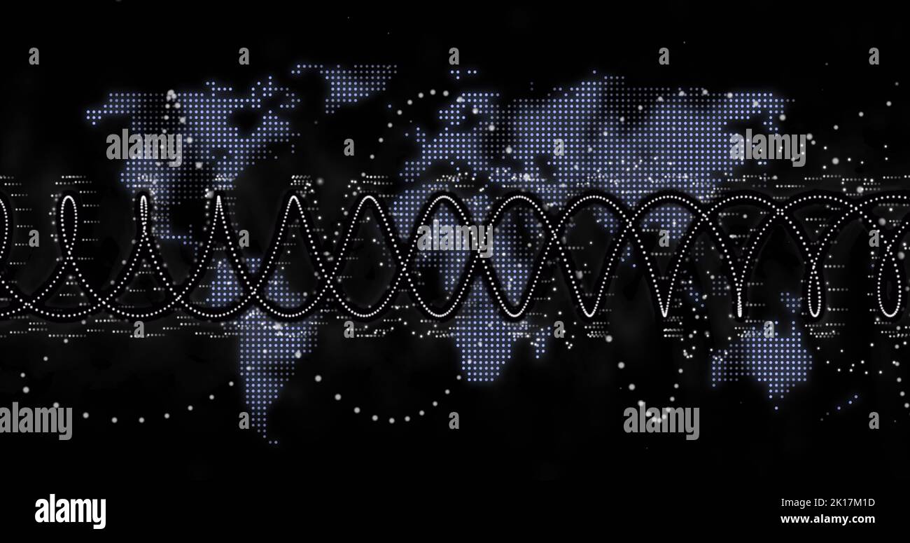 Bild der DNA-Strangspinnung und Datenverarbeitung auf der Weltkarte Stockfoto
