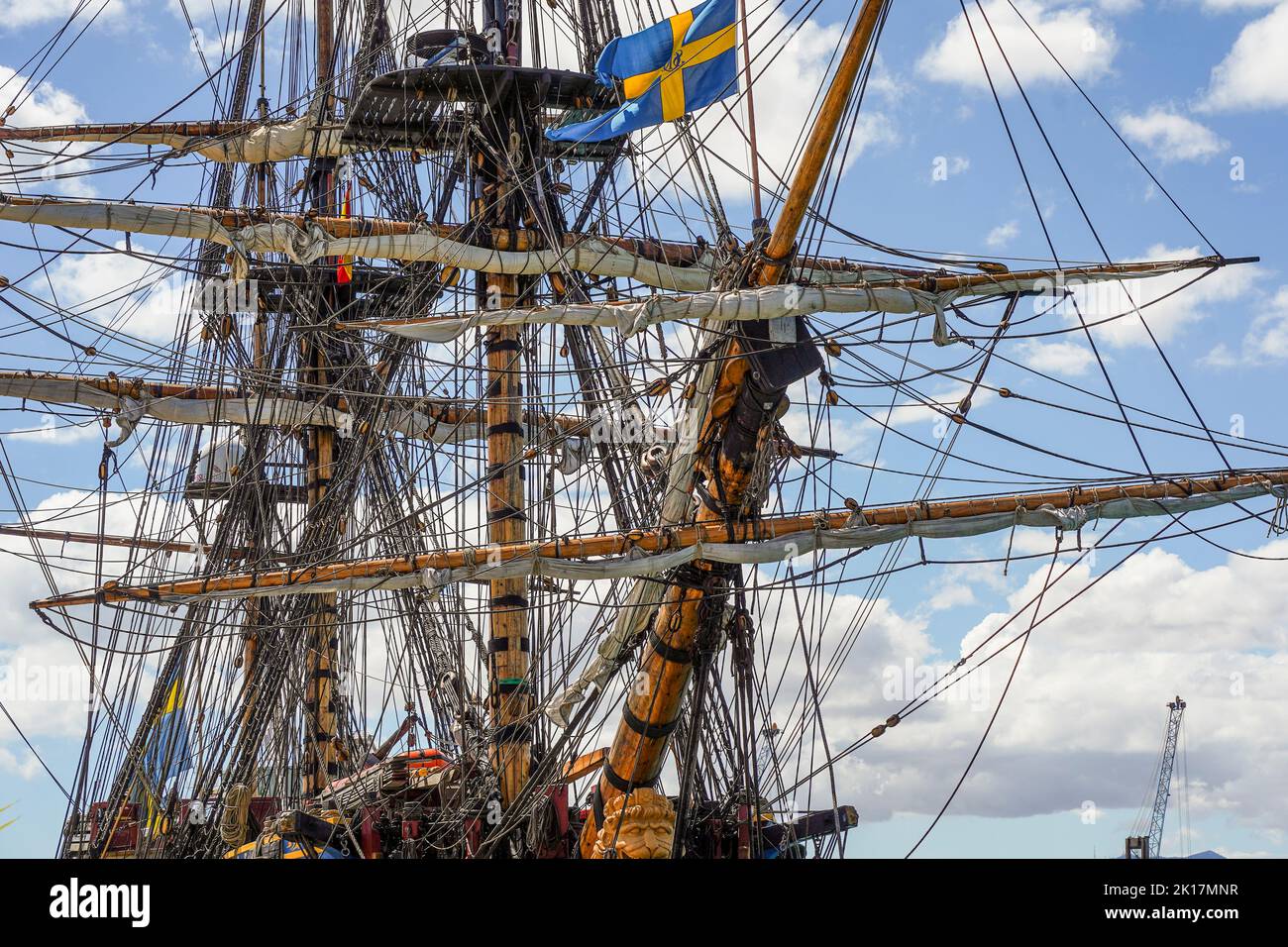 Göteborg von Schweden , Segelnachbildung der schwedischen Ost-Indiaman Göteborg, vertäut im Hafen von Malaga, Spanien. Stockfoto