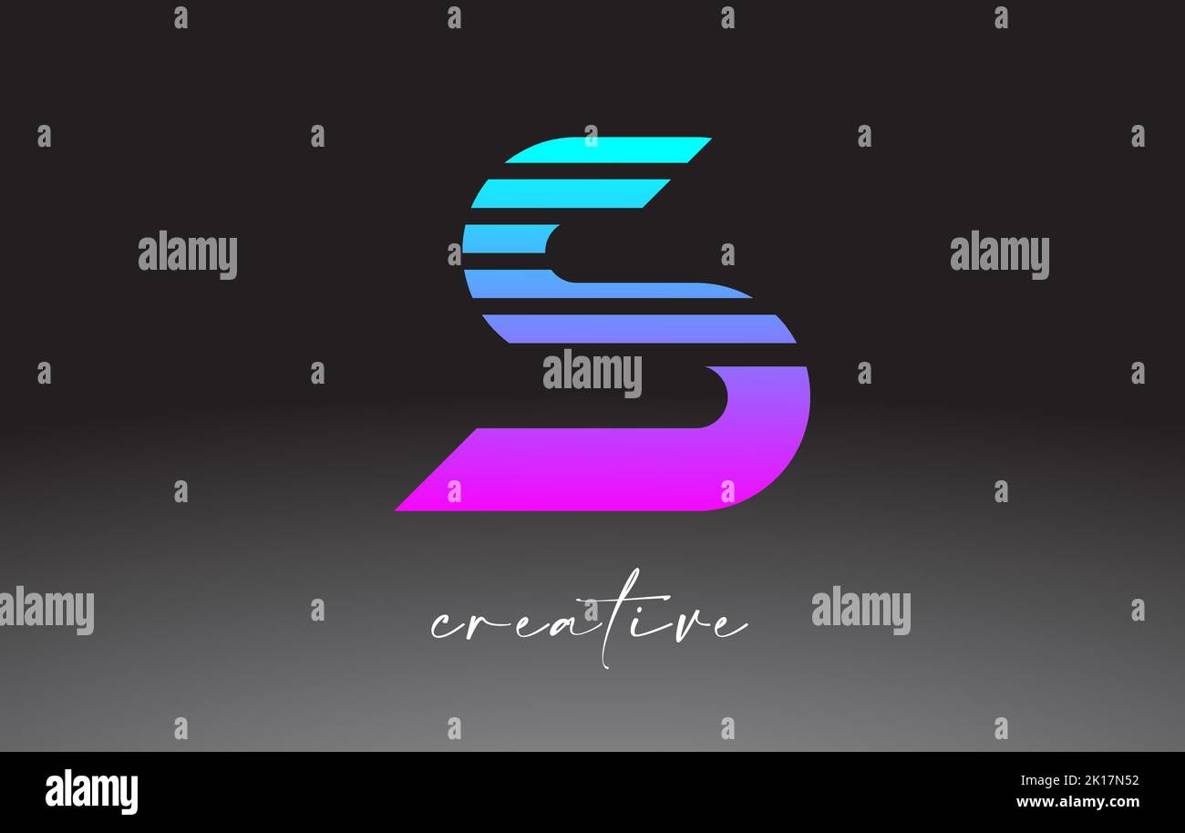 Violett Blau Neonlinien Buchstabe S Logo-Design mit kreativen Linien geschnitten auf der Hälfte des Briefes in Schwarz-Weiß-Farben Vektor. Stock Vektor