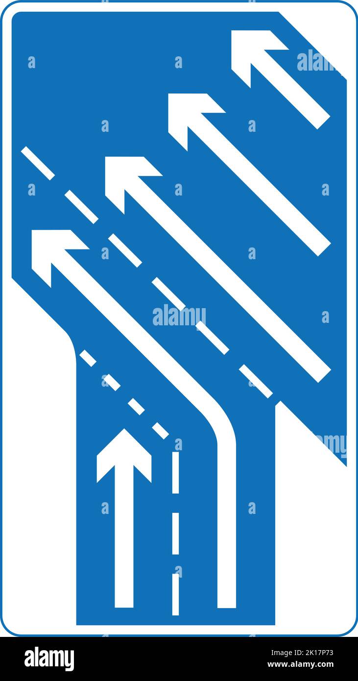 Der Verkehr auf der rechten Spur der Zufahrtsstraße, der auf die Hauptfahrbahn führt, hat Vorrang vor der linken Spur, dem Straßenverkehrsschild der Straßenverkehrsordnung, Schildern mit Ord Stock Vektor