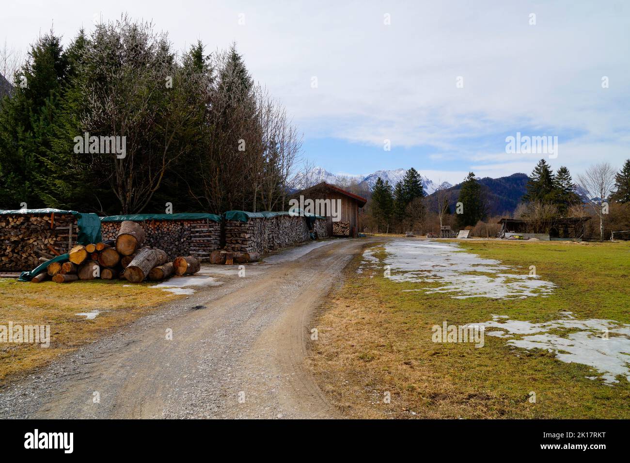 Winterliches bayerisches Alpendorf Schwangau mit den verschneiten Alpen im Hintergrund (Bayern, Allgäu, Füssen, Deutschland) Stockfoto