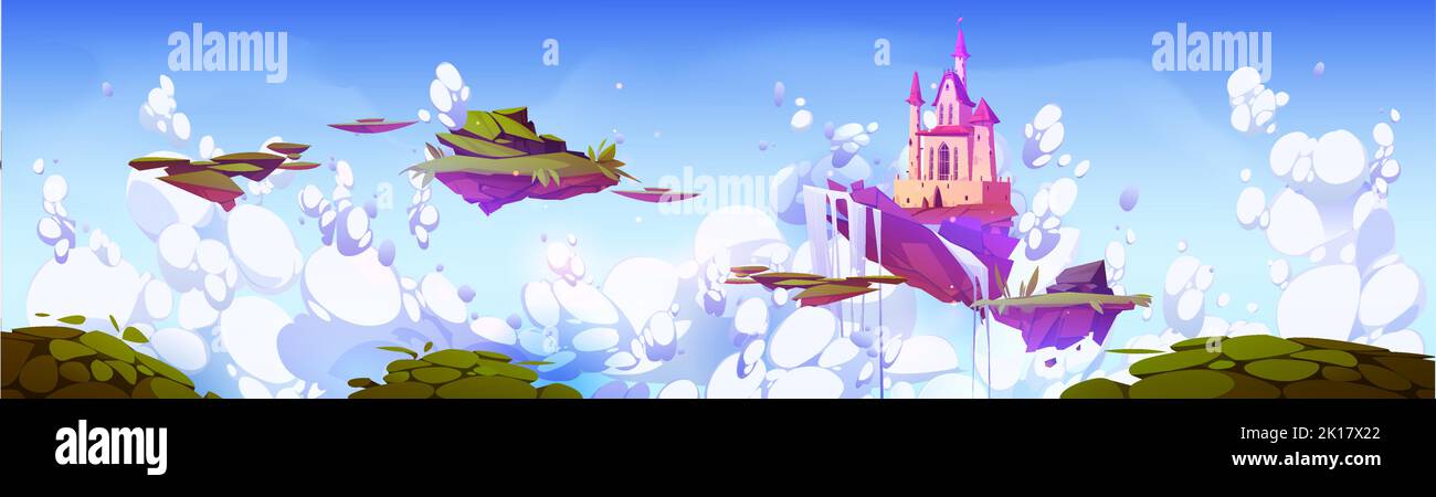 Fantastische rosa Burg und Wasserfall fliegen auf der Insel in den Himmel. Cartoon-Illustration der magischen Landschaft mit königlichen Palast und Stücke von grünem Land fliegen Stock Vektor