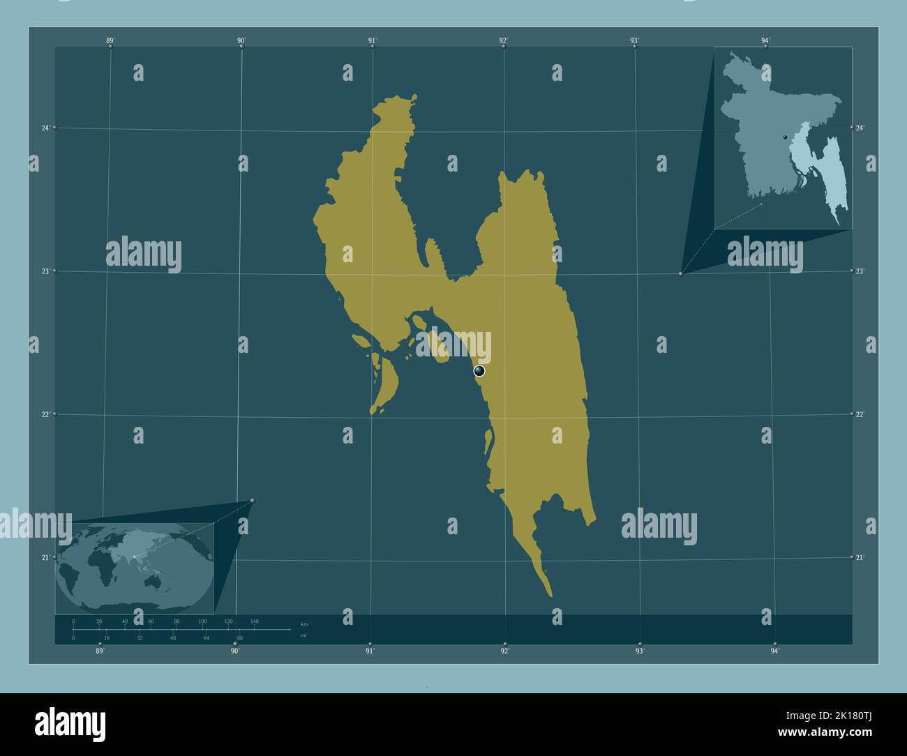 Chittagong, Division von Bangladesch. Einfarbige Form. Karten für zusätzliche Eckposition Stockfoto