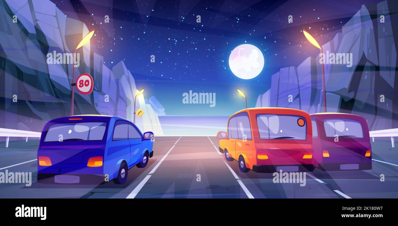 Autos fahren bei Nacht Highway Rückansicht, Autos fahren in Bergstraße mit Fechten, Schilder, Meerblick und Vollmond in dunklen Sternenhimmel. Fahrzeug Stock Vektor