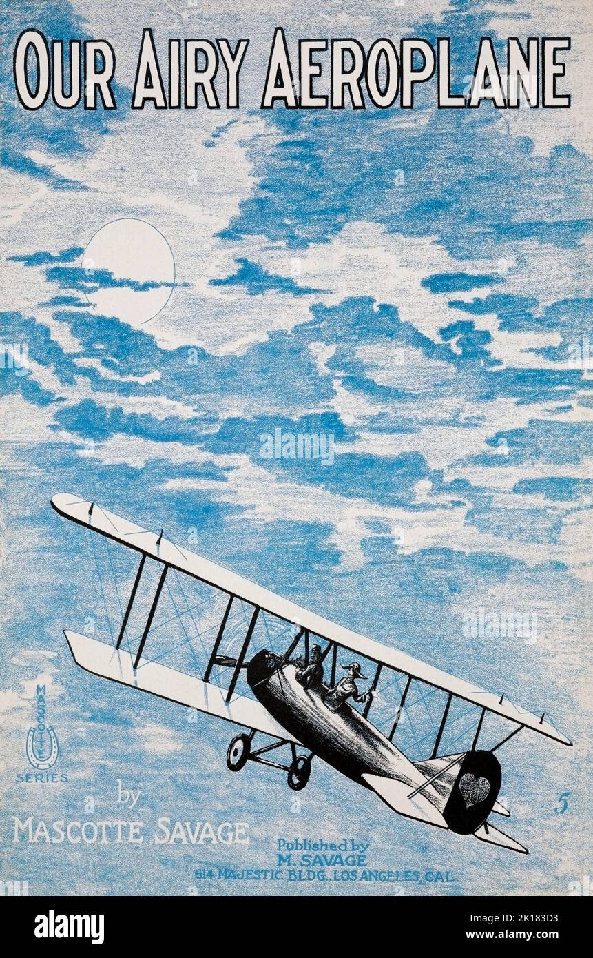Das Cover der Noten für 'Our Airy Airplane', geschrieben von Mascotte Savage im Jahr 1919, mit einem Doppeldecker-Flugzeug. Stockfoto