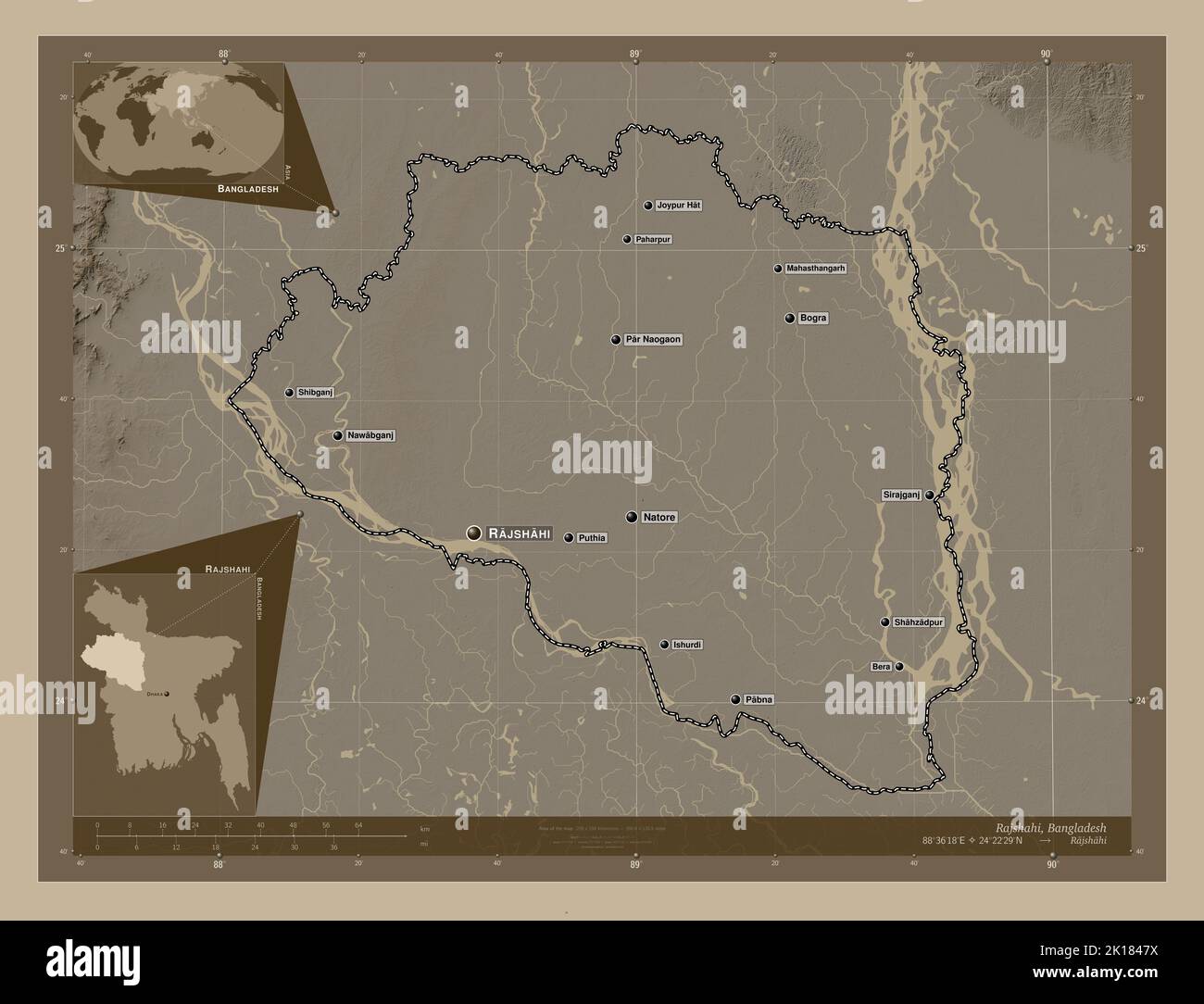 Rajshahi, Teilung von Bangladesch. Höhenkarte in SepiaTönen mit Seen