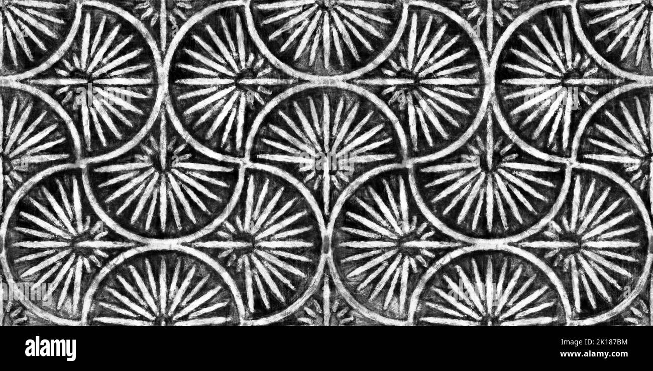 Nahtlos bemalt Art Deco Laub Fan Linie Motiv schwarz und weiß künstlerische Acryl Farbe Textur Hintergrund. Kachelbar kreativ Grunge monochrom Hand d Stockfoto