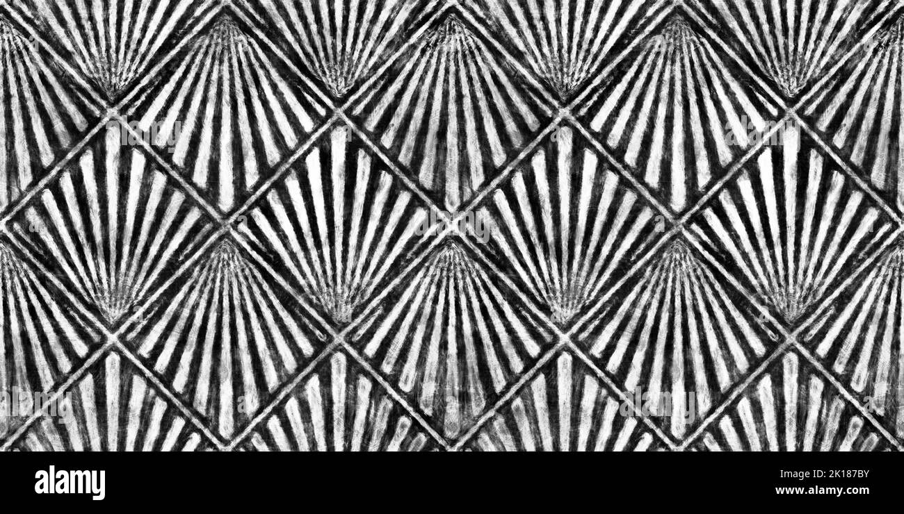 Nahtlos bemalt Art Deco Diamant Fan Streifen Motiv schwarz und weiß künstlerische Acrylfarbe Textur Hintergrund. Kachelbare kreative Grunge monochrome Hand Stockfoto