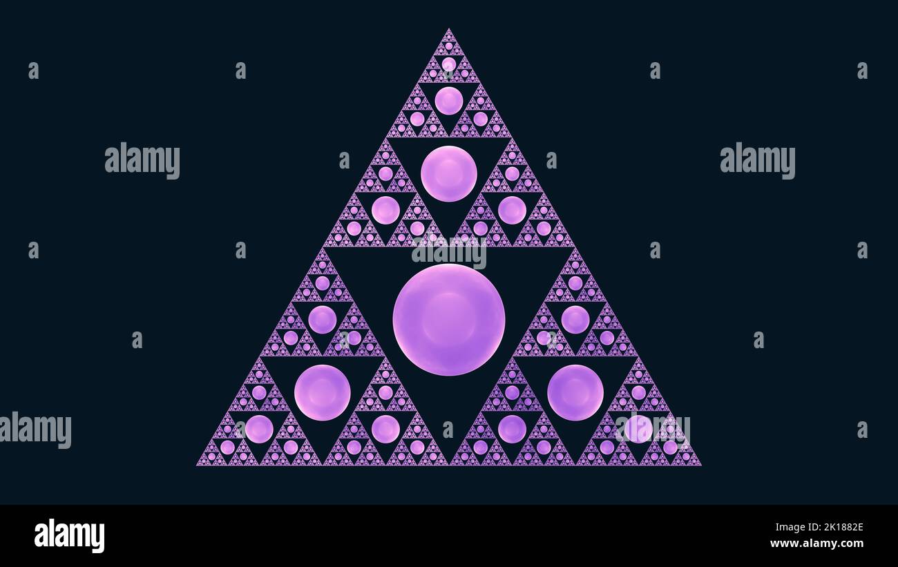 Sierpinski Dreieck fraktal in glänzendem Pink. Mathematik girly selbst ähnliche rekursive Konzept. Ein abstrakter 3D-Rendering-Hintergrund. Stockfoto