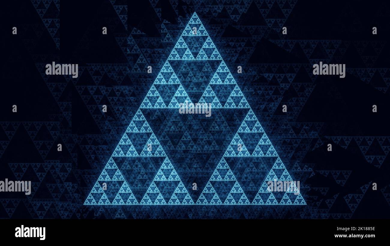 Sierpinski Dreieck fraktal in grün und blau. Mathematik selbst ähnliche rekursive Konzept. Ein abstrakter 3D-Rendering-Hintergrund. Stockfoto