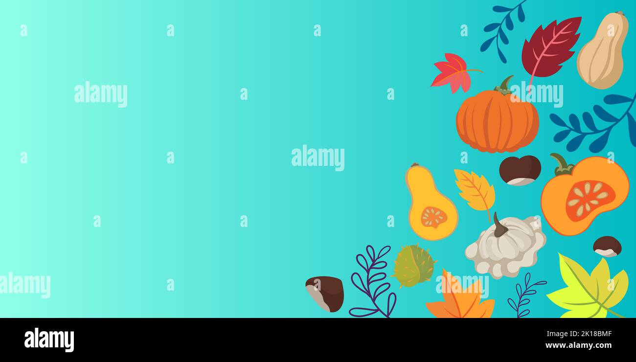 Herbst Gemüse und Blätter Doodle Hintergrund - flaches Design Banner lebendige Farben - Blumen Jahreszeiten Design Thema Stockfoto