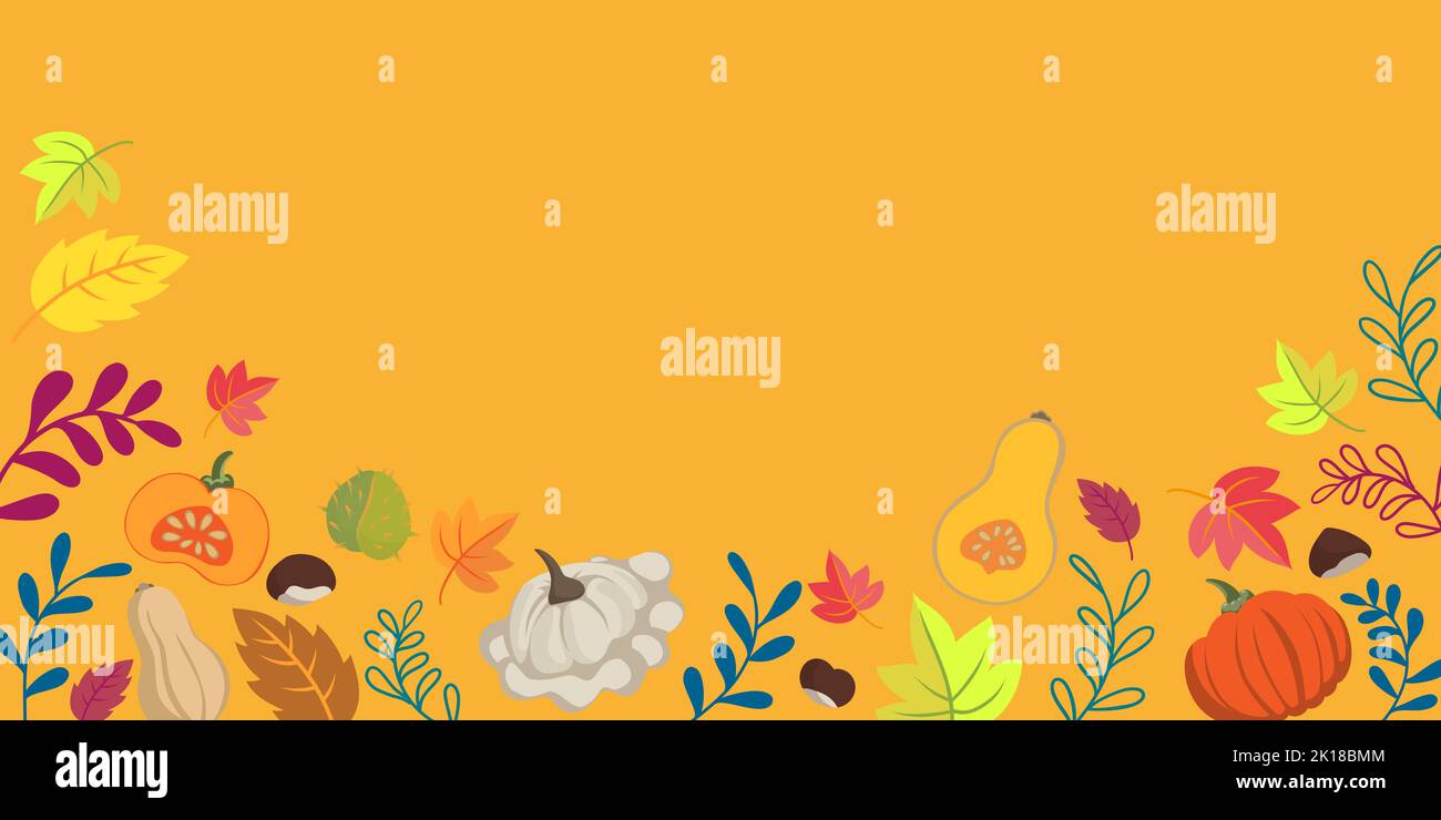 Herbst Gemüse und Blätter Doodle Hintergrund - flaches Design Banner lebendige Farben - Blumen Jahreszeiten Design Thema Stockfoto