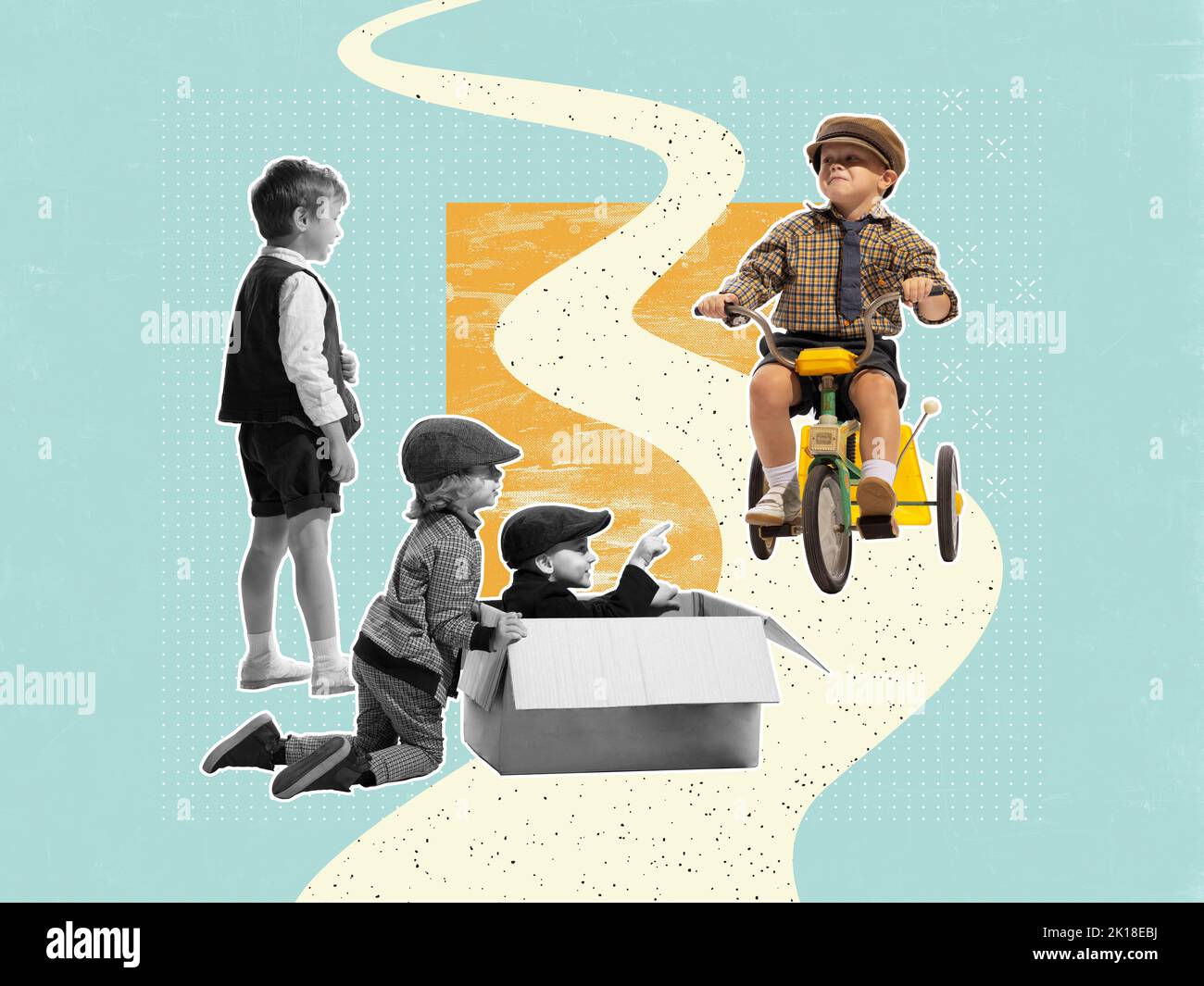 Gruppe von Kindern, die über hellem Hintergrund galoppieren. Collage zeitgenössischer Kunst. Konzept von Retro Vintage Mode, Musik, Mischung alt und modern. Surrealismus Stockfoto