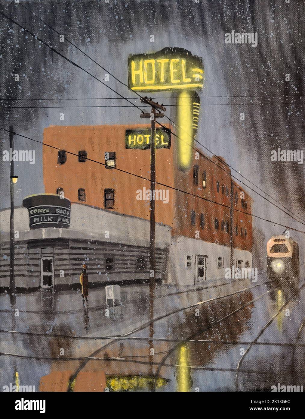 Moody, Film Noir inspirierte Retro-Szene eines Hotels an einer Straßenecke an einer regnerischen Nacht. Stockfoto
