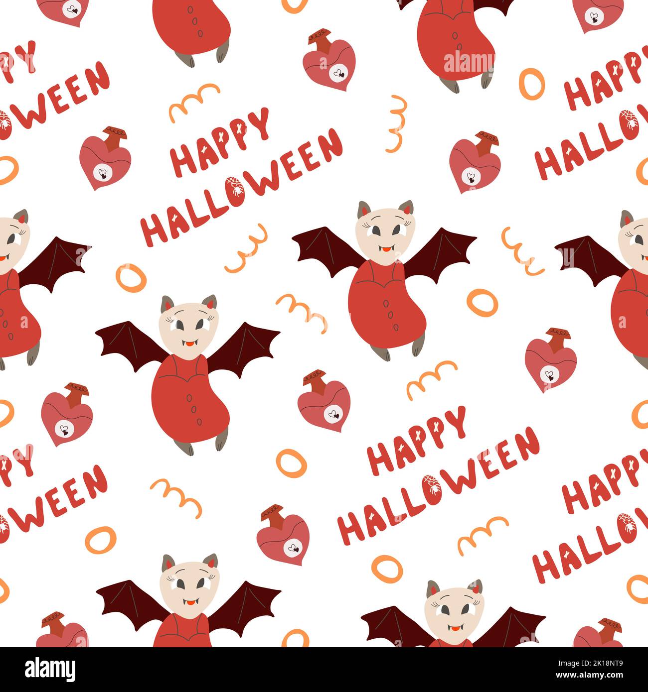Nahtloses Muster für Halloween-Urlaub mit niedlichen Cartoon handgezeichneten Charakter Fledermaus Mädchen und fröhliche halloween-Schriftzug. Kindlicher Hintergrund für Stoff, Stock Vektor