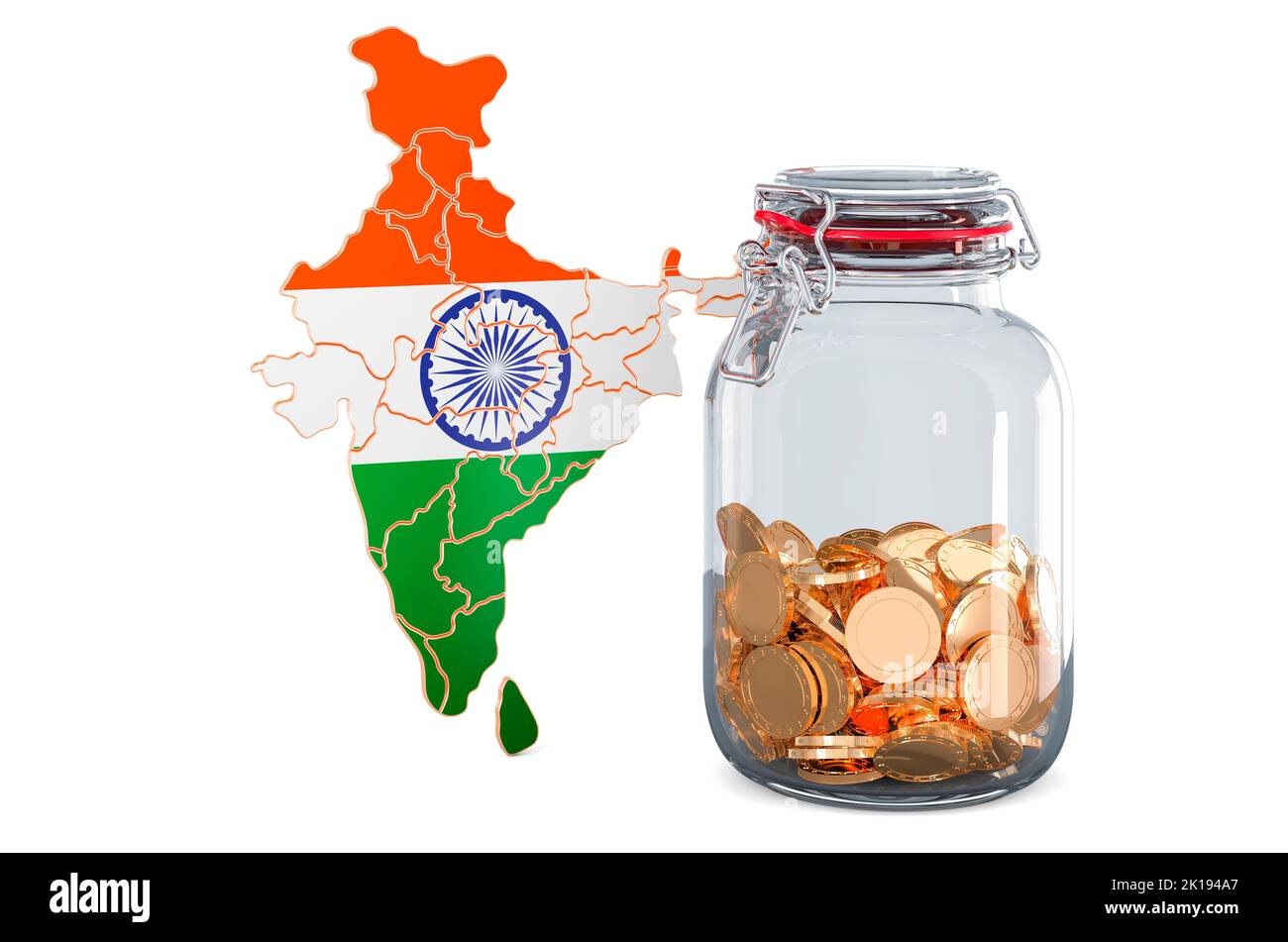 Indische Karte mit Glasglas voller goldener Münzen, 3D Rendering isoliert auf weißem Hintergrund Stockfoto