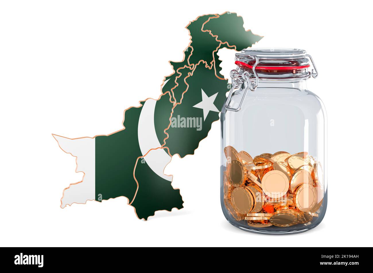 Pakistanische Karte mit Glasglas voller goldener Münzen, 3D Rendering isoliert auf weißem Hintergrund Stockfoto
