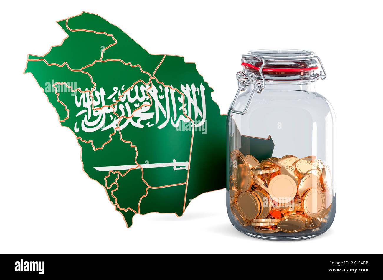 Saudi-arabische Karte mit Glasglas voller goldener Münzen, 3D Rendering isoliert auf weißem Hintergrund Stockfoto