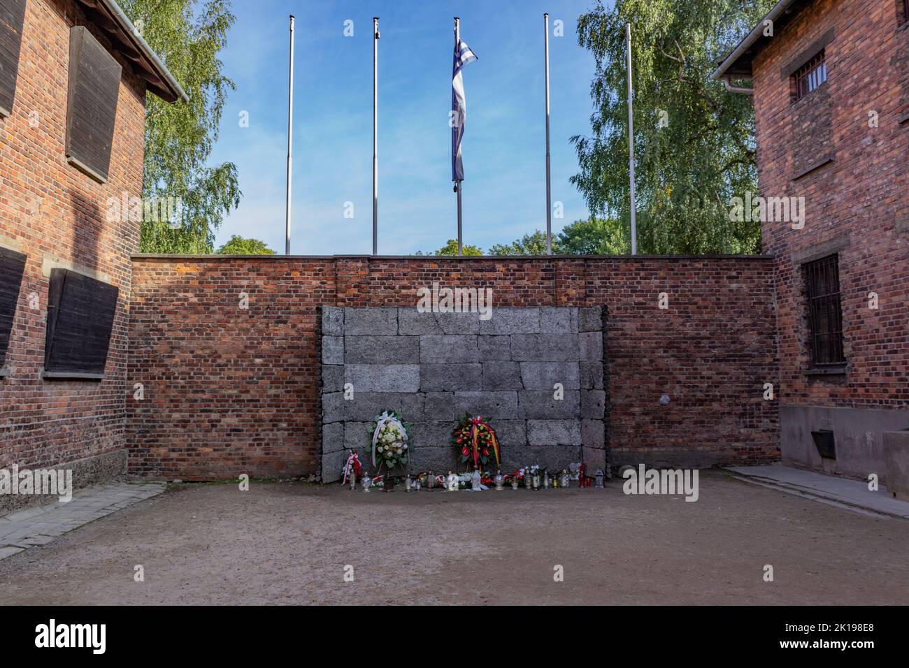 Die Gedenkmauer in der Gedenkstätte und im Museum Auschwitz-Birkenau in Polen Stockfoto