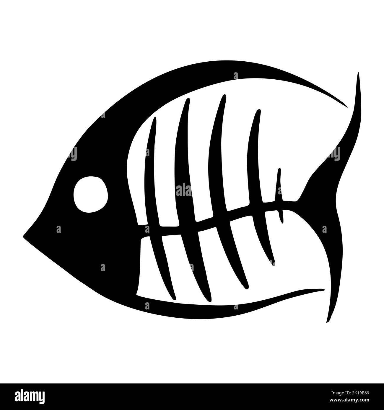 Schwarze Grafik eines Fischskeletts auf weißem Hintergrund, Illustration, Design Stockfoto
