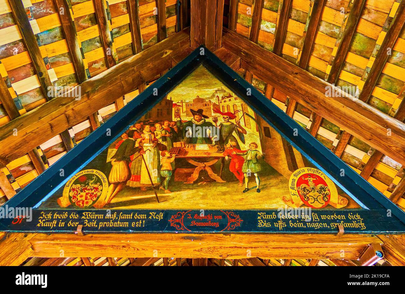 Mittelalterliche Bilder der Serie Tanz des Todes (Danse Macabre), in der Speuerbrücke im Zentrum von Luzern, Schweiz Stockfoto