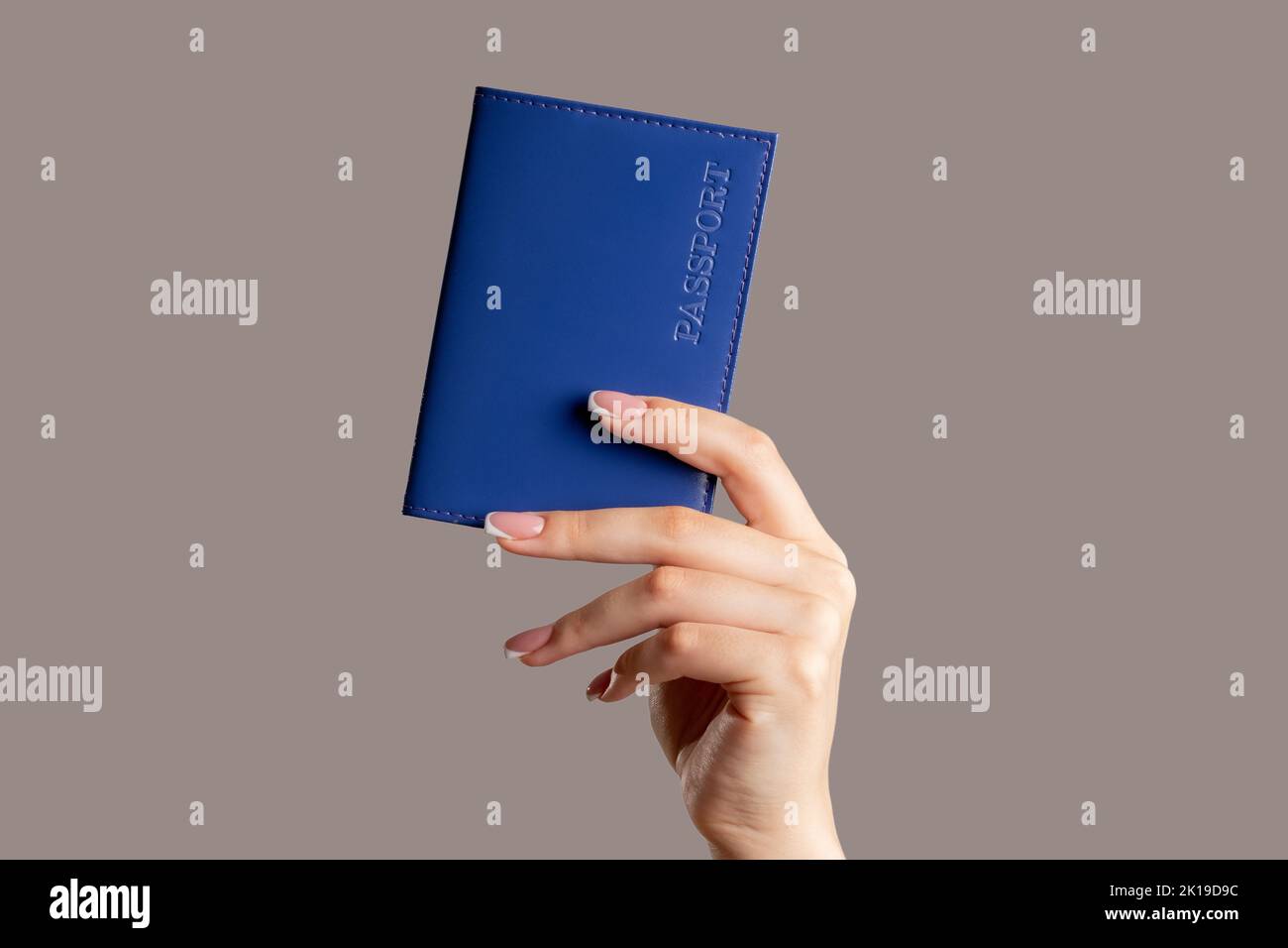 Passservice. Aufenthaltserlaubnis. Weibliche Hand, die eine ausländische id in blauer Abdeckung hält, isoliert auf grauem Hintergrund des Kopierraums. Visa-Zentrum. Rechtliches Dokument. Stockfoto