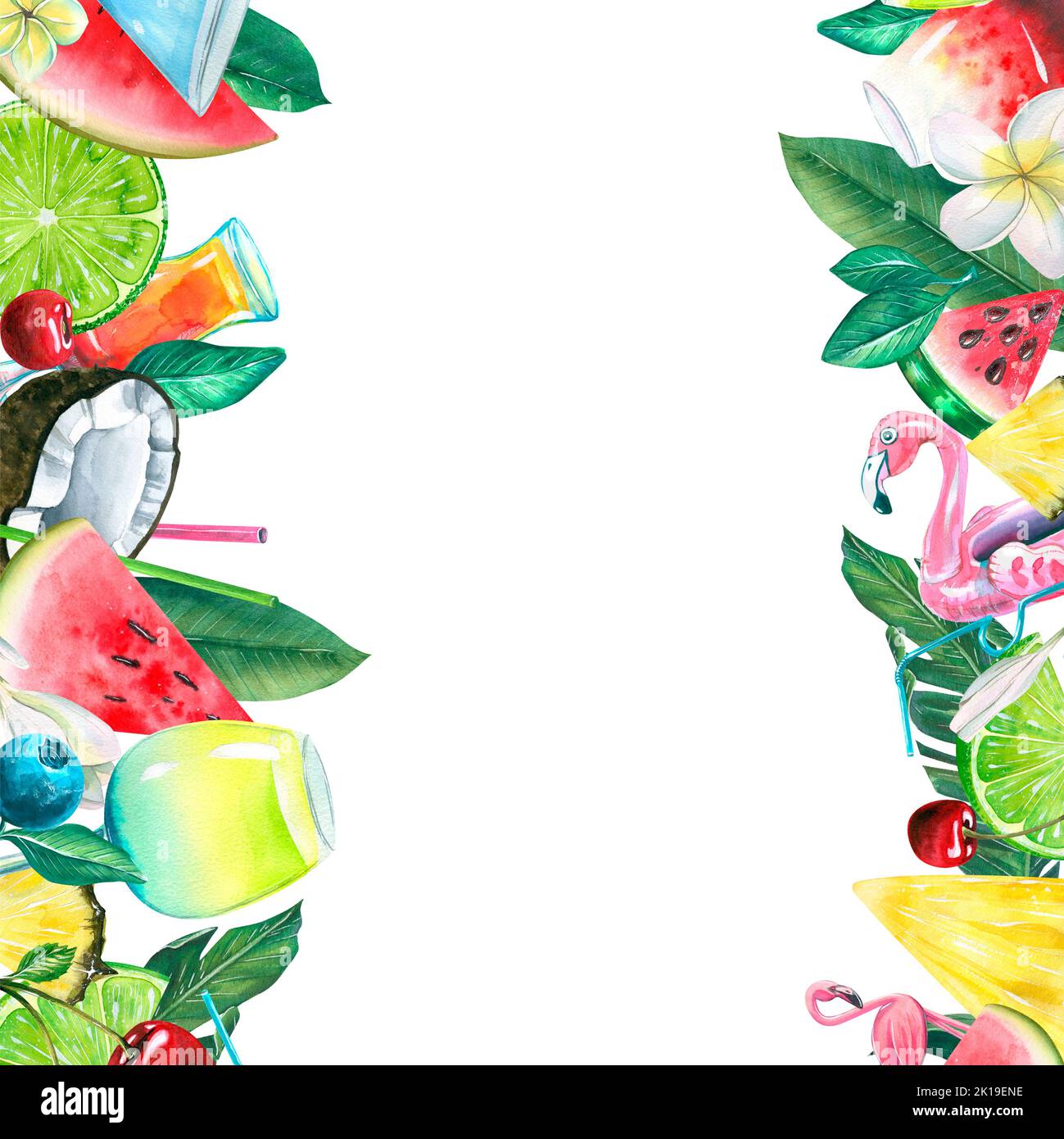 Rahmen mit tropischen Früchten, Cocktails und Blättern. Aquarell, hell, saftig, Strand, Sommer Illustration. Für die Gestaltung und Gestaltung von Menüs Stockfoto