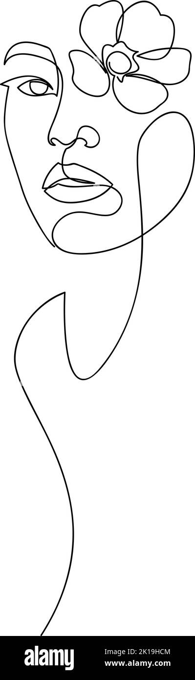 Frauenkopf mit Blumenzusammensetzung. Eine Linienstil-Zeichnung. Handgezeichnete Vektorlinien-Grafik Stock Vektor