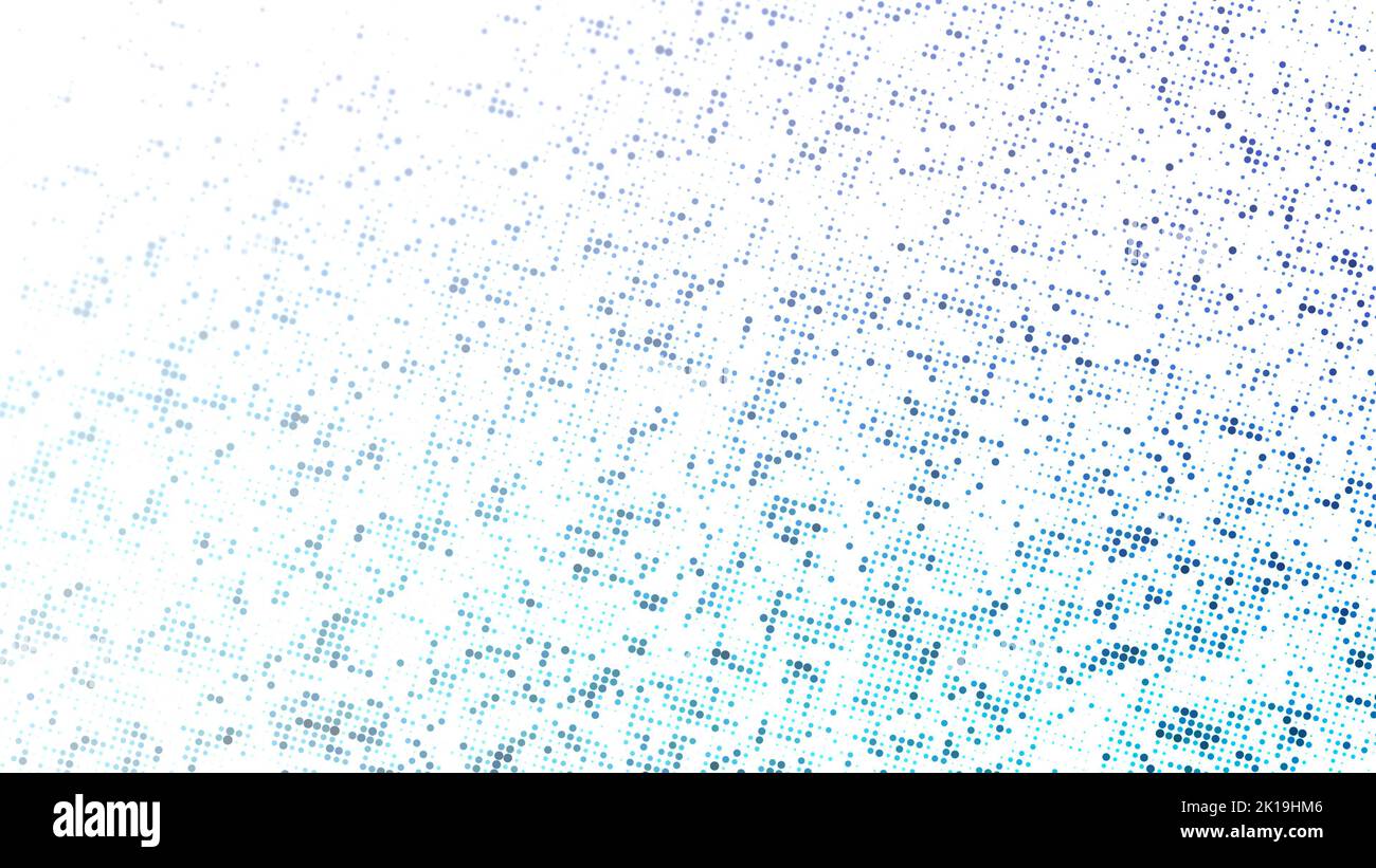 Abstrakter, gepunkteter blauer Halbtonhintergrund mit Kopierraum. Halbtonmuster, Designvorlage und Illustration auf Weiß. Vollformat-Hintergrund. Stockfoto